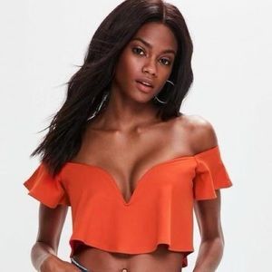 Misguided Orange Sweetheart Frill Plunge Bardot Crop Top